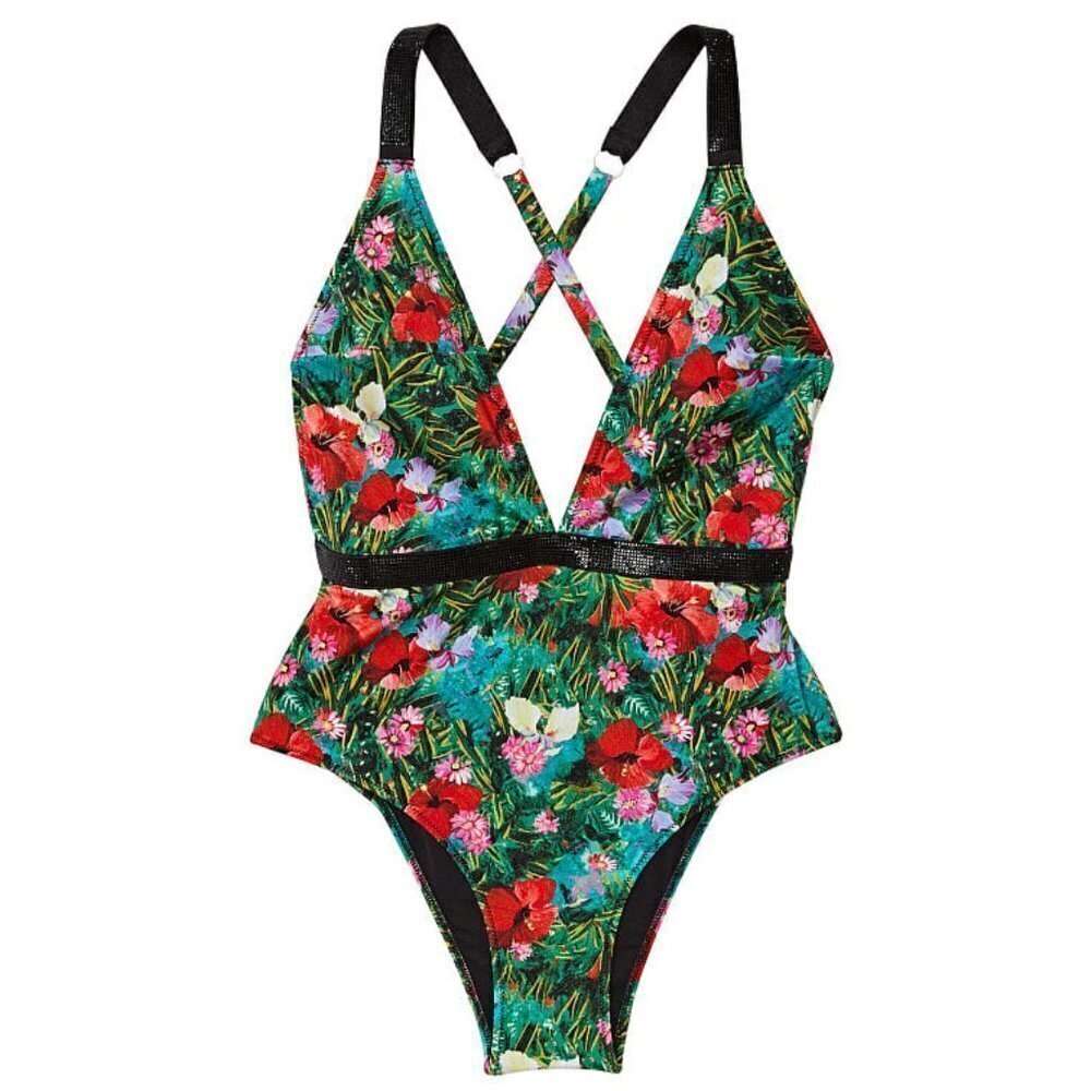 Victoria Secret XL Shine Strap Plunge One Piece Swimsuit Bikini Tropical